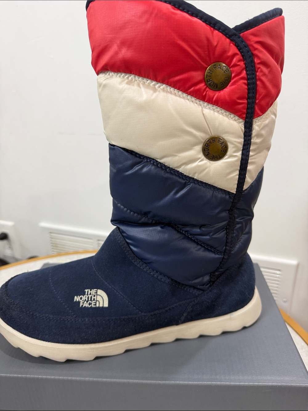 The North Face Kids Navy Red Cream Puffer Snow Boots